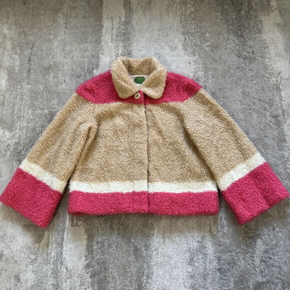 Anthropologie Color block Sherpa Jacket Womens Medium Teddy Coat Pink Beige Cozy - Picture 1 of 9